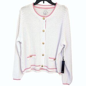 Nicole Miller White & Pink Cardigan with Gold Accents; NWT, Size 2X